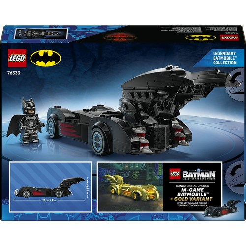 Zestaw LEGO 76333 z czarnym Batmobilem i figurką Batmana. Pojazd ma czerwone detale i ruchome elementy. Długość 23 cm, wysokość 6 cm. To część Kolekcji Legendarnego Batmobilu.