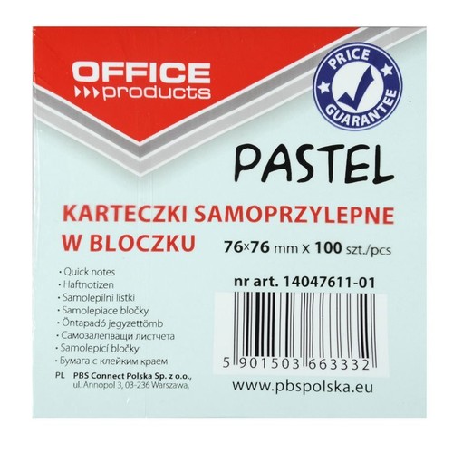 Opakowanie pastelowych karteczek samoprzylepnych OFFICE products, 76x76 mm, 100 sztuk. Na opakowaniu widnieje logo marki, informacja o gwarancji ceny oraz kod kreskowy. Produkt do szybkich notatek.