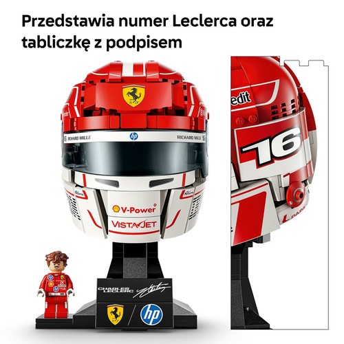 Zestaw LEGO przedstawiający replikę kasku Formuły 1 w kolorach czerwonym i białym, z widocznymi sponsorami. Dołączona figurka Charlesa Leclerca i czarna podstawka z jego nazwiskiem, podpisem oraz emblematami Ferrari i HP.