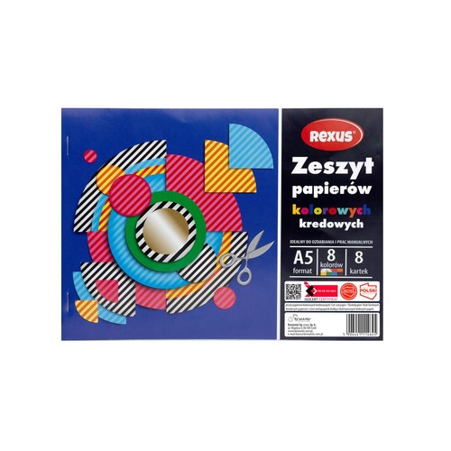 Zeszyt papierów kolorowych kredowych Rexus, format A5. Zawiera 8 różnych kolorów i 8 kartek, idealny do ozdabiania i prac manualnych. Okładka przedstawia dynamiczny, abstrakcyjny wzór z geometrycznych kształtów na niebieskim tle oraz nożyczki.