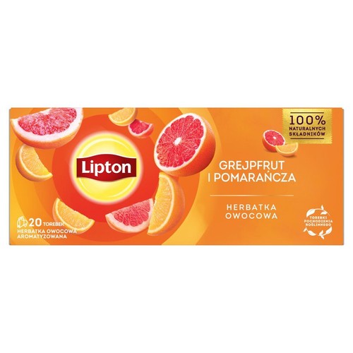 Pudełko herbaty Lipton Grejpfrut i Pomarańcza z grafiką owoców cytrusowych. Zawiera 20 torebek.