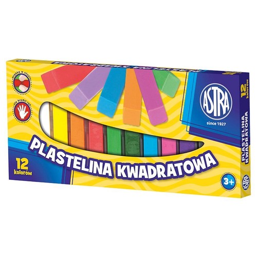 Żółto-niebieskie opakowanie plasteliny Astra, 12 kwadratowych kolorów. Miękka, nie brudzi rąk.