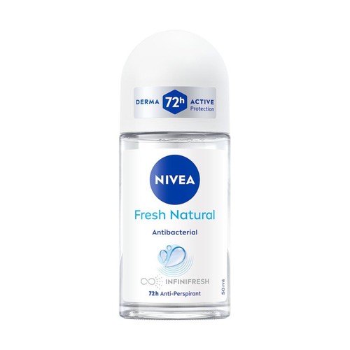Antyperspirant Nivea Fresh Natural w szklanej butelce z kulką i białą nakrętką. Opakowanie 50 ml, z napisem 72h Anti-Perspirant.