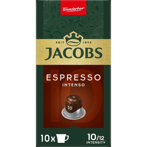 Jacobs Espresso Intenso, 10 kapsułek kawy w ciemnozielonym opakowaniu ze złotym logo. Intensywność 10/12.