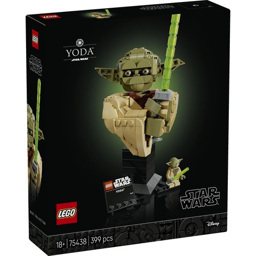 Czarne pudełko LEGO Star Wars z grafiką przedstawiającą zbudowany model popiersia Yody z zielonym mieczem świetlnym. Obok stoi mała figurka Yody. Na pudełku widnieje napis "YODA", "Bust Collection", "18+" oraz informacja o 399 elementach.