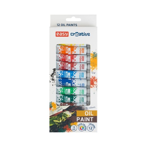 Produkt Easy Creative: zestaw 12 tubek farb olejnych, każda po 12 ml. Opakowanie prezentuje różnorodność żywych kolorów, w tym pomarańczowy, czerwony, niebieski i zielony. Na pudełku znajduje się napis '12 OIL PAINTS' oraz grafika z jaszczurką.