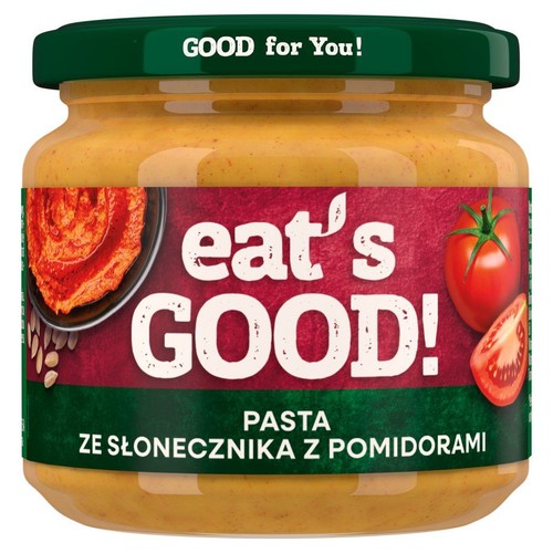 Pasta ze słonecznika z pomidorami "eat's GOOD!" w szklanym słoiku. Na etykiecie grafiki pomidorów i pasty. Zielona zakrętka.