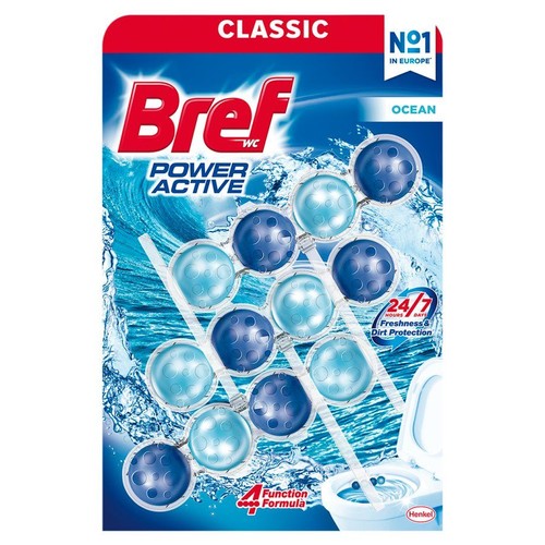 Opakowanie Bref WC Power Active Classic Ocean. Zawiera niebieskie i jasnoniebieskie kulki czyszczące. Widoczne hasła: Numer 1 w Europie.
