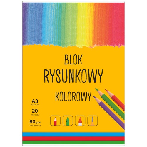 Kolorowy blok rysunkowy w formacie A3, zawierający 20 arkuszy papieru o gramaturze 80 g/m². Okładka ma żółte tło z tęczowym gradientem u góry oraz ilustracje kredek, flamastrów i pędzla. Widoczne są też trzy kredki.