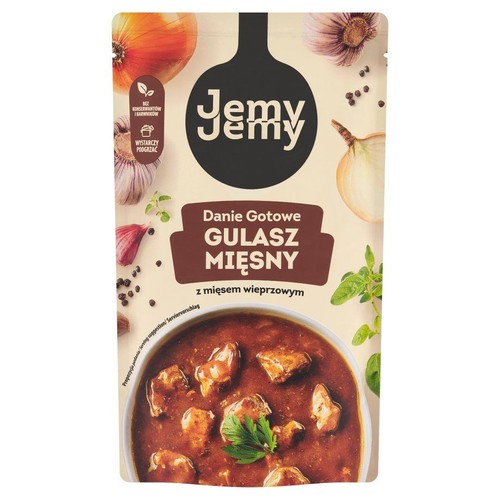 Saszetka z gotowym gulaszem wieprzowym marki Jemy Jemy. Na opakowaniu widnieje nazwa produktu "Gulasz Mięsny z mięsem wieprzowym", informacja "Wystarczy podgrzać" oraz grafiki cebuli, czosnku i miski z gulaszem.