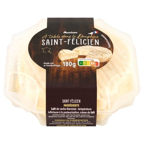 Opakowanie sera Saint-Félicien marki Auchan, 180g. Widoczna etykieta z nazwą produktu i grafiką sera.