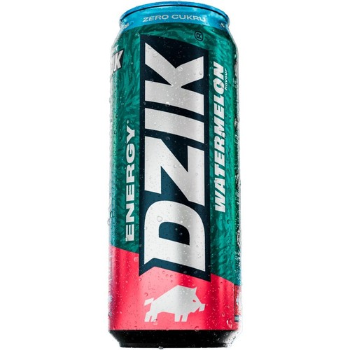 Zielono-czerwona puszka napoju energetycznego DZIK ENERGY o smaku arbuza. Produkt bez cukru, z białym dzikiem i kroplami.