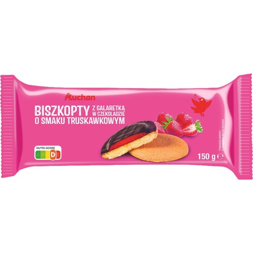 Różowe opakowanie biszkoptów Auchan z galaretką truskawkową w czekoladzie, 150g. Na opakowaniu ilustracja produktu i truskawek.
