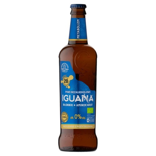 Butelka piwa IGUANA 0% alkoholu, wzbogaconego o błonnik i aminokwasy. Niebieska etykieta z żółtymi akcentami przedstawia logo iguany i informuje o formule patentowej 20. Produkt ekologiczny.