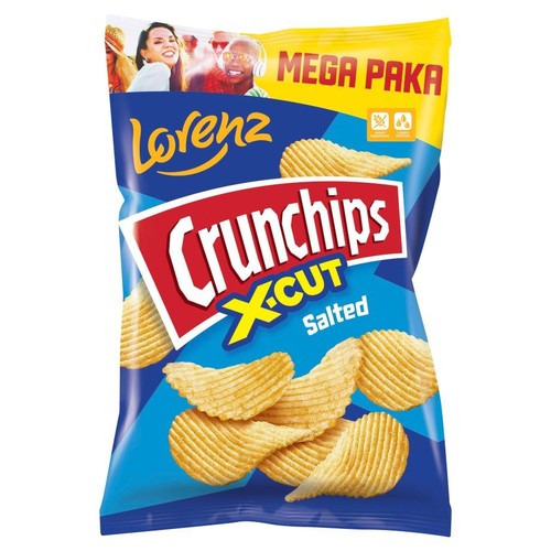 Niebieska paczka chipsów Lorenz Crunchips X-CUT Solone. Na górze napis "Mega Paka" i grafika bawiących się ludzi.