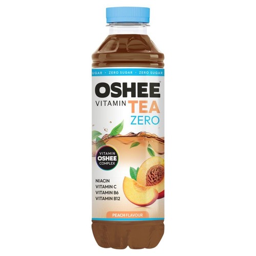 Butelka OSHEE Vitamin Tea Zero o smaku brzoskwiniowym. Napój bez cukru z kompleksem witamin: Niacyna, C, B6, B12.