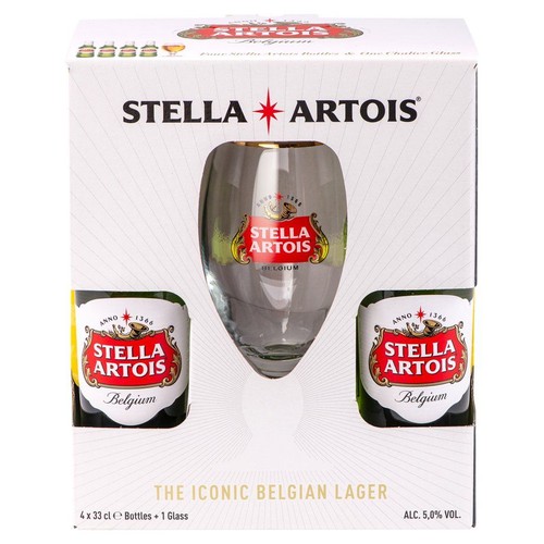 Biały zestaw upominkowy Stella Artois z 4 butelkami piwa 330 ml i kielichem. Na opakowaniu widnieje logo marki i informacja o belgijskim piwie typu lager, 5,0% obj.