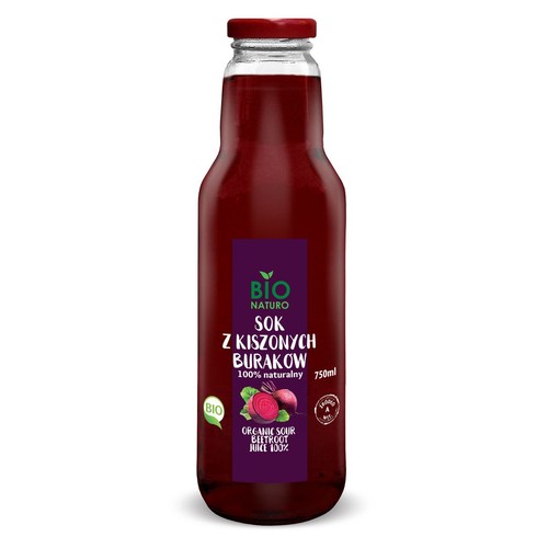 Szklana butelka soku BIO Naturo z kiszonych buraków, 100% naturalny, o pojemności 750 ml. Na fioletowej etykiecie widnieje zielone logo BIO, nazwa produktu oraz grafika przekrojonych buraków. Butelka ma czerwoną zakrętkę.