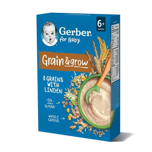 Opakowanie Gerber Grain & grow dla niemowląt 6+ miesięcy. Zawiera 8 zbóż z lipą, bez dodatku cukru.