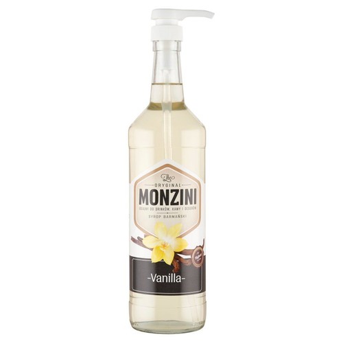 Monzini Syrop Barmański Waniliowy w butelce z białą pompką. Etykieta z grafiką wanilii.