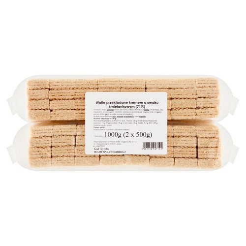 Opakowanie zbiorcze wafli przekładanych kremem śmietankowym, 1 kg (2x500g), w przezroczystej folii.