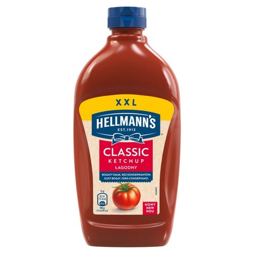 Ketchup łagodny Hellmann's Classic XXL w plastikowej butelce z niebieską nakrętką, 833g. Bogaty smak, bez konserwantów.