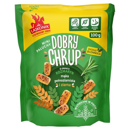Opakowanie Lajkonik Mini Paluchy Dobry Chrup, 100g. Smak rozmarynowy, z pełnoziarnistej mąki i ziarnami. Produkt wegetariański, wypiekany w piecu, bez wzmacniaczy smaku. Na opakowaniu grafiki paluchów, rozmarynu i zbóż.