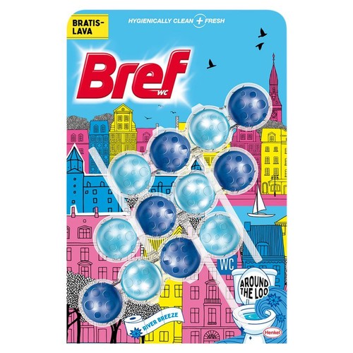 Opakowanie Bref WC River Breeze z kulkami do toalety. Na kartoniku kolorowy rysunek miasta.
