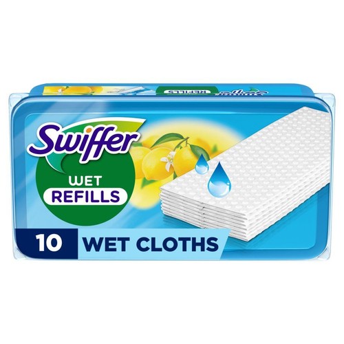 Swiffer Wet Refills, 10 mokrych ściereczek do czyszczenia. Niebieskie opakowanie z motywem cytryn.