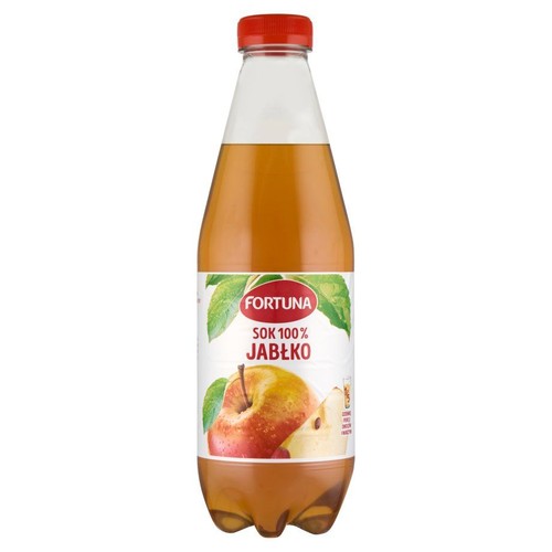 Butelka soku Fortuna 100% Jabłko z czerwoną nakrętką. Na etykiecie logo Fortuna i ilustracja jabłek.