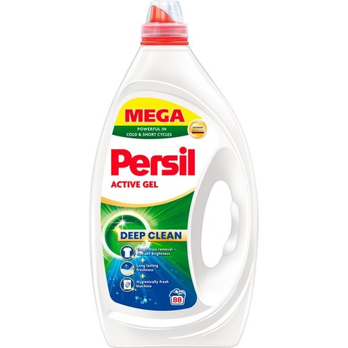 Żel do prania Persil Active Gel Deep Clean. Biała butelka z uchwytem, czerwoną nakrętką. Zapewnia głębokie czyszczenie i świeżość.
