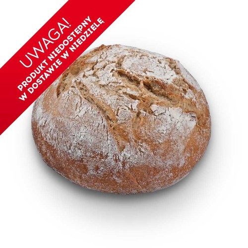 Tradycyjna, okrągła bułka z grubą, chrupiącą skórką. Wierzch bułki jest posypany mąką i ma charakterystyczne pęknięcia, które świadczą o jego naturalnym procesie pieczenia.