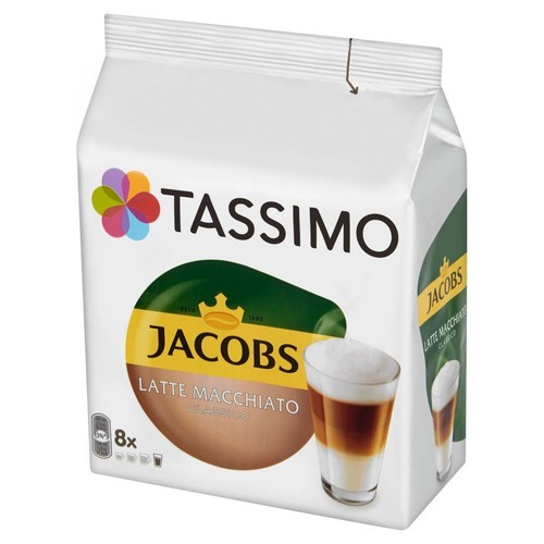 Produkt Tassimo Jacobs Latte Macchiato Classico w białej torebce. Na etykiecie widoczne jest logo Tassimo, nazwa Jacobs oraz realistyczna grafika szklanki z kawą latte macchiato. Opakowanie zawiera 8 porcji.
