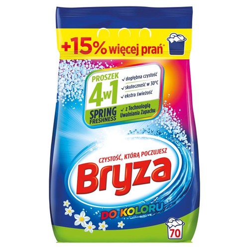 Opakowanie proszku Bryza do kolorów, 70 prań, z technologią uwalniania zapachu i +15% więcej prań.