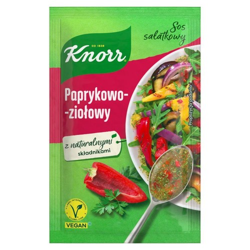 Opakowanie sosu sałatkowego Knorr Paprykowo-ziołowy z naturalnymi składnikami. Na etykiecie papryka i łyżka z sosem.