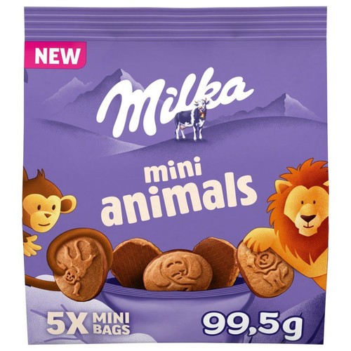Opakowanie Milka Mini Animals, 99,5g. Fioletowa paczka z 5 mini torebkami ciastek w kształcie zwierząt. Nowość.