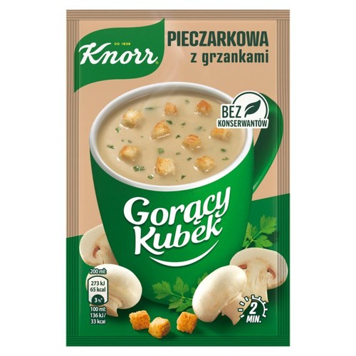 Opakowanie Knorr Gorący Kubek Pieczarkowa z grzankami. Na grafice zielony kubek z zupą, pieczarki i grzanki. Bez konserwantów.