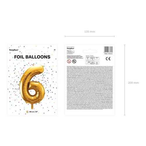 Balon foliowy Cyfra '6' 86cm złoty (1 op. / 1 szt.) PartyDeco 1 sztuka