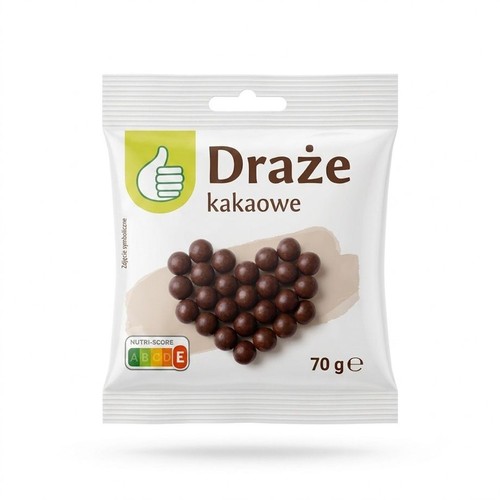Opakowanie produktu "Draże kakaowe" w białej torebce, zawierające 70 gramów. Centralnie umieszczona jest grafika symbolizująca produkt: ciemnobrązowe draże w kształcie kulek, tworzące serce.