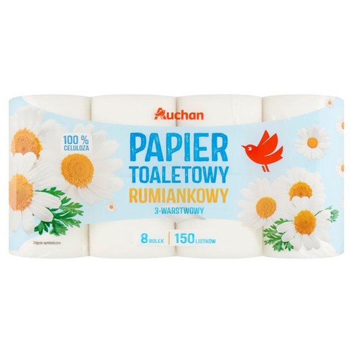Opakowanie papieru toaletowego Auchan, 8 rolek, 100% celulozy. Rumiankowy, 3-warstwowy. Na opakowaniu kwiaty rumianku.