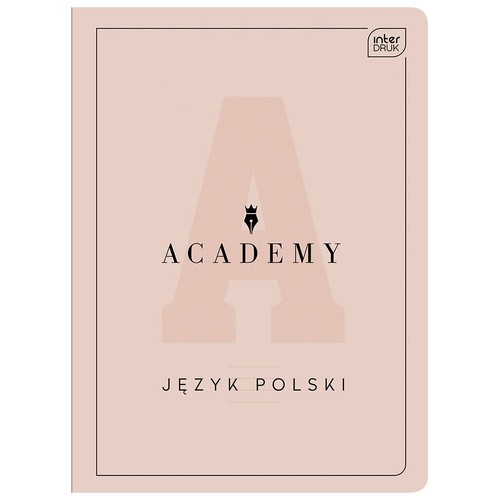 Różowy zeszyt Inter Druk Academy do języka polskiego. Na okładce duża litera A i logo z piórem.