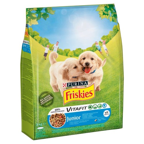 Stojący worek karmy Purina Friskies Vitafit Junior 3 kg. Na froncie wizerunek dwóch szczeniąt golden retrievera.
