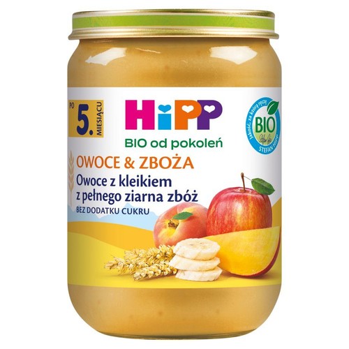 Słoik HiPP z przecierem owocowo-zbożowym, dla dzieci od 5. miesiąca. Etykieta z grafiką owoców i zbóż. Produkt BIO, bez cukru.