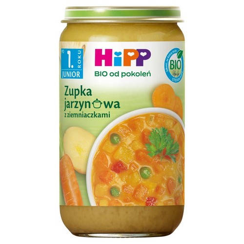 Słoiczek HiPP Junior BIO z zupką jarzynową z ziemniaczkami. Produkt ekologiczny dla dzieci powyżej 1. roku życia.