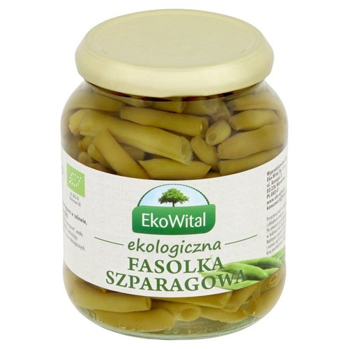 Szklany słoik z jasnym wieczkiem, zawierający ekologiczną fasolkę szparagową w zalewie. Na etykiecie logo EkoWital.