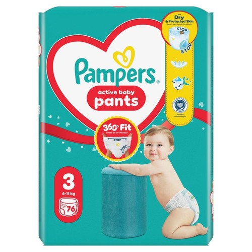 Pieluchomajtki Pampers Active Baby Pants, rozmiar 3 (6-11 kg), 76 sztuk. Opakowanie z grafiką dziecka i sercem.