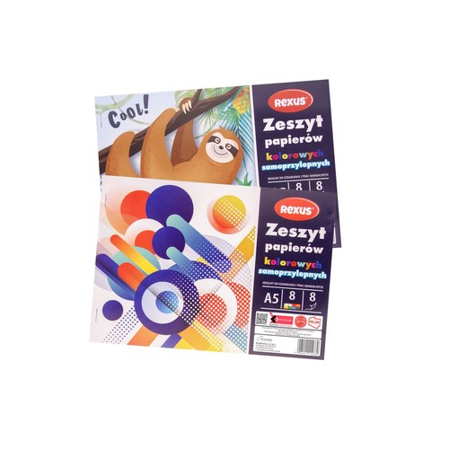 Zestaw dwóch zeszytów Rexus z samoprzylepnymi papierami kolorowymi, idealnymi do ozdabiania i prac manualnych. Format A5, 8 arkuszy, 8 kolorów. Okładki przedstawiają: uśmiechniętego leniwca z napisem "Cool!" oraz barwny, abstrakcyjny wzór z kół i linii.