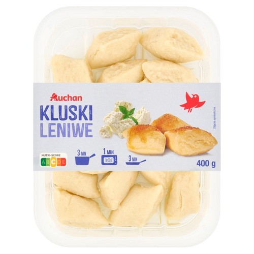 Kluski Leniwe Auchan, 400 g, w plastikowym pojemniku. Produkt gotowy do szybkiego przygotowania.