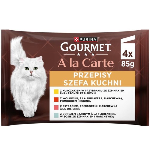 Karma dla kota Purina Gourmet A la Carte, 4 saszetki po 85g. Na opakowaniu biały kot. Różne smaki, m.in. kurczak i wołowina.