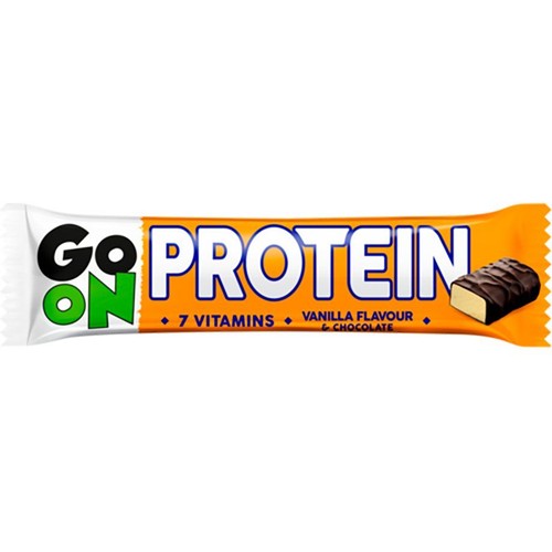 Go On Protein, baton o smaku waniliowym z czekoladą, zawierający 7 witamin. Opakowanie ma pomarańczową część z napisem "PROTEIN" i białą z "Go ON". Widoczny przekrój batona.